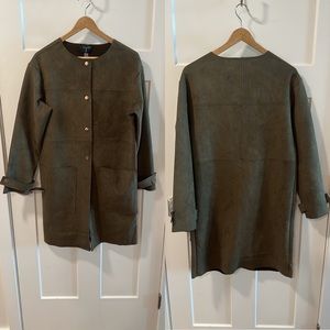 NWT- Tahari Long Olive Green Faux Leather Button Up Jacket. Size S